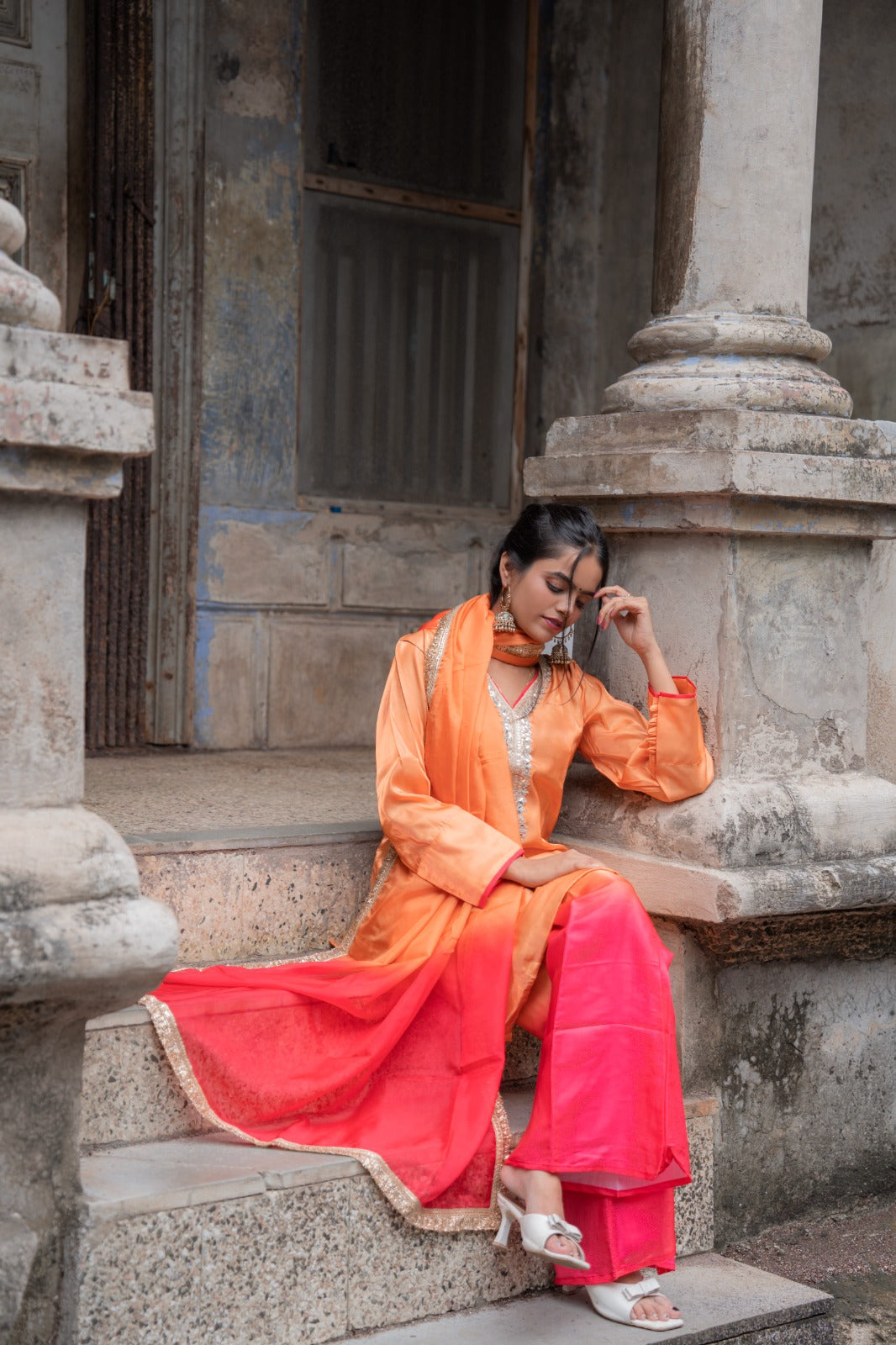 Peach & Pink Embroidered Kurta Set