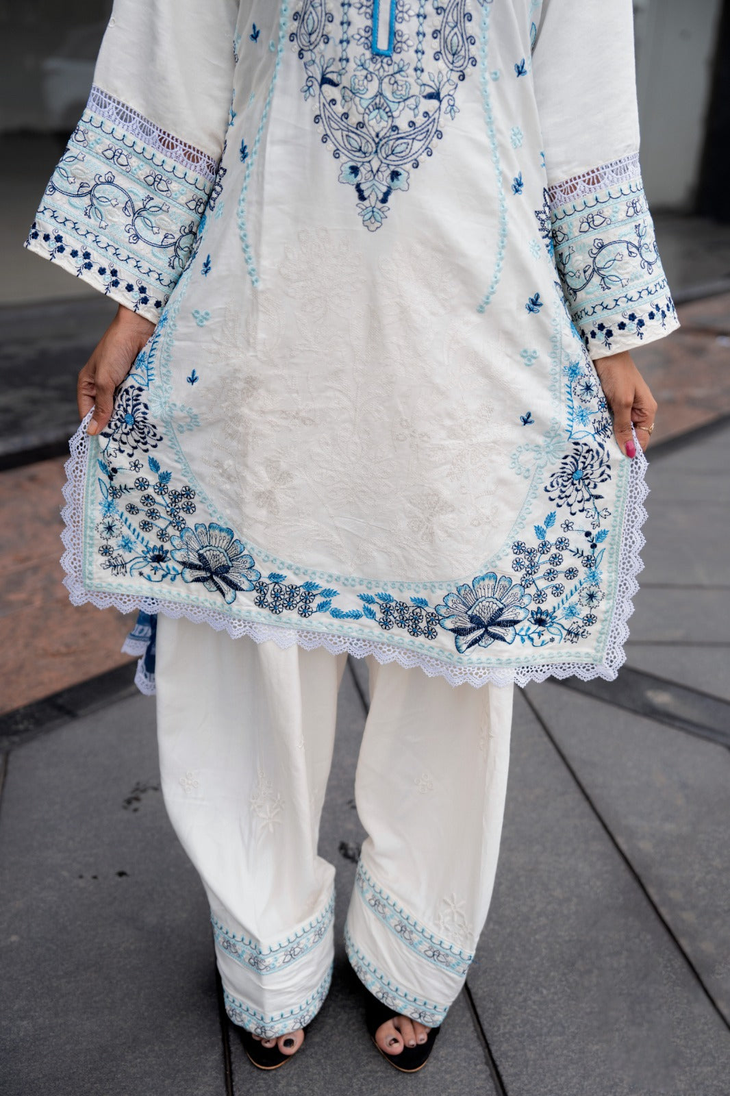 Blue & White Embroidered Suit Set