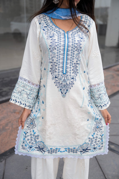 Blue & White Embroidered Suit Set