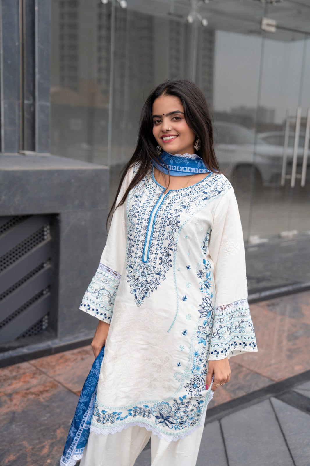 Blue & White Embroidered Suit Set