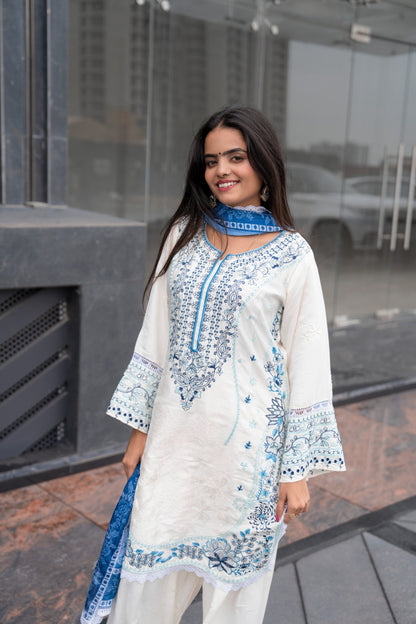 Blue & White Embroidered Suit Set