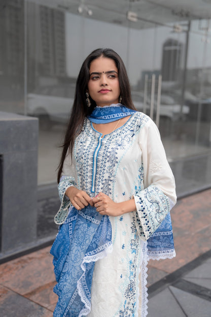 Blue & White Embroidered Suit Set