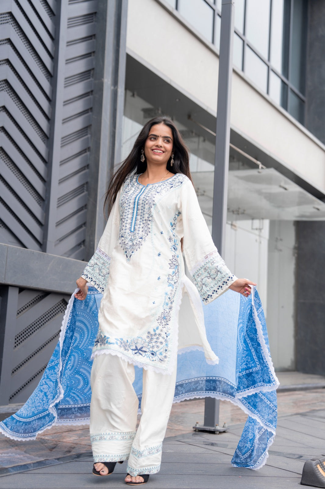 Blue & White Embroidered Suit Set