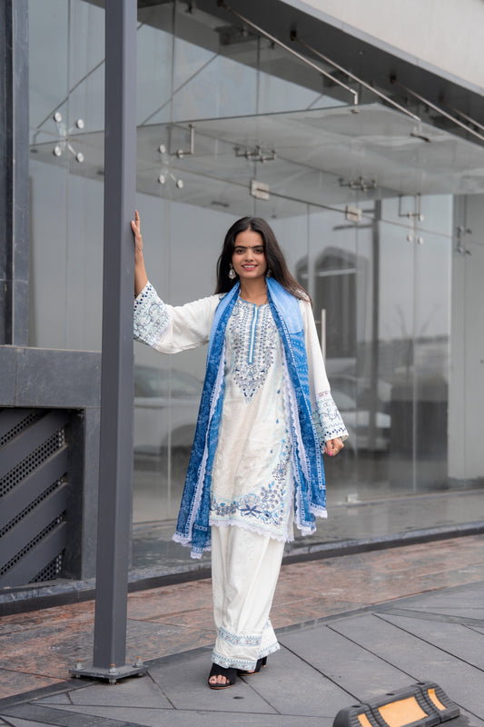 Blue & White Embroidered Suit Set