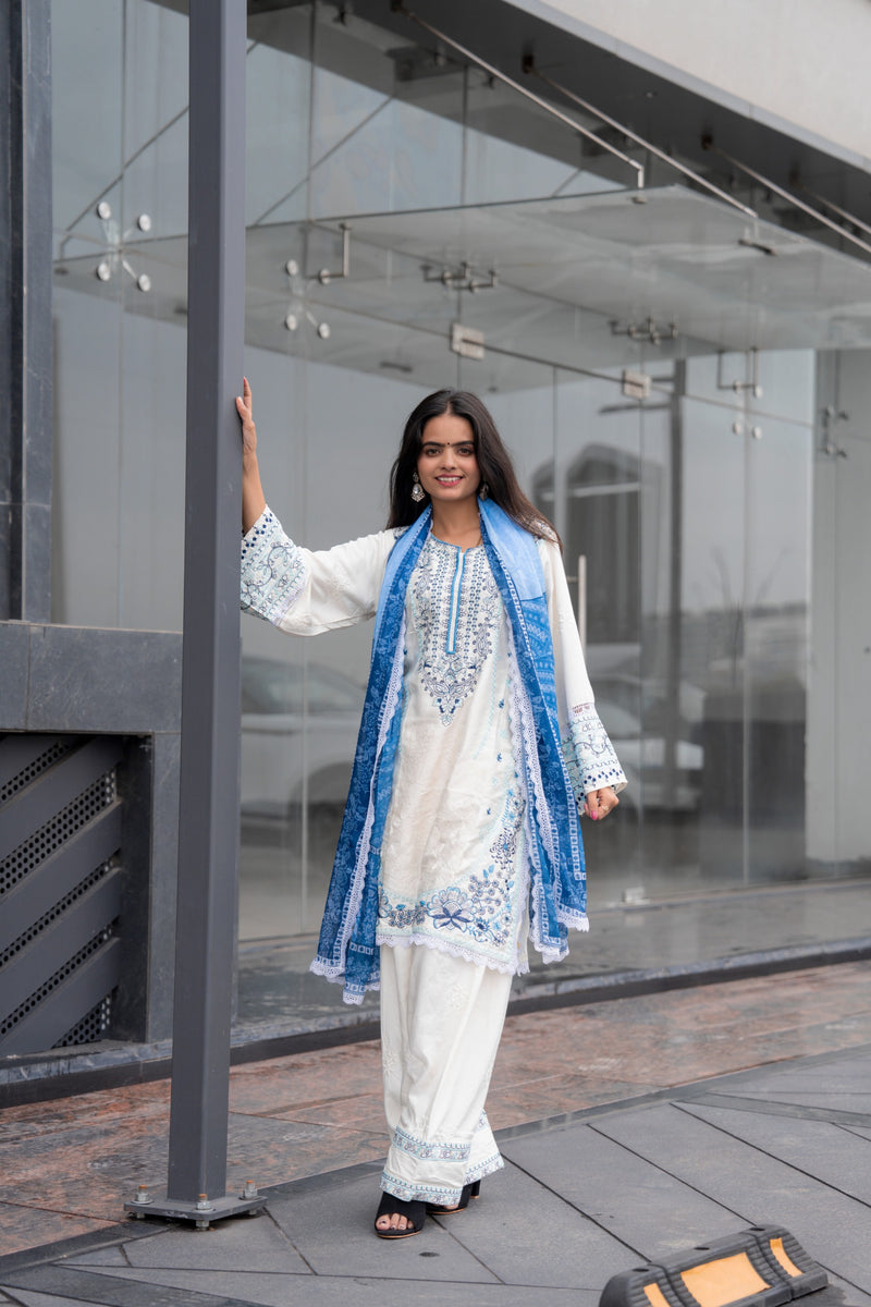 Blue & White Embroidered Suit Set