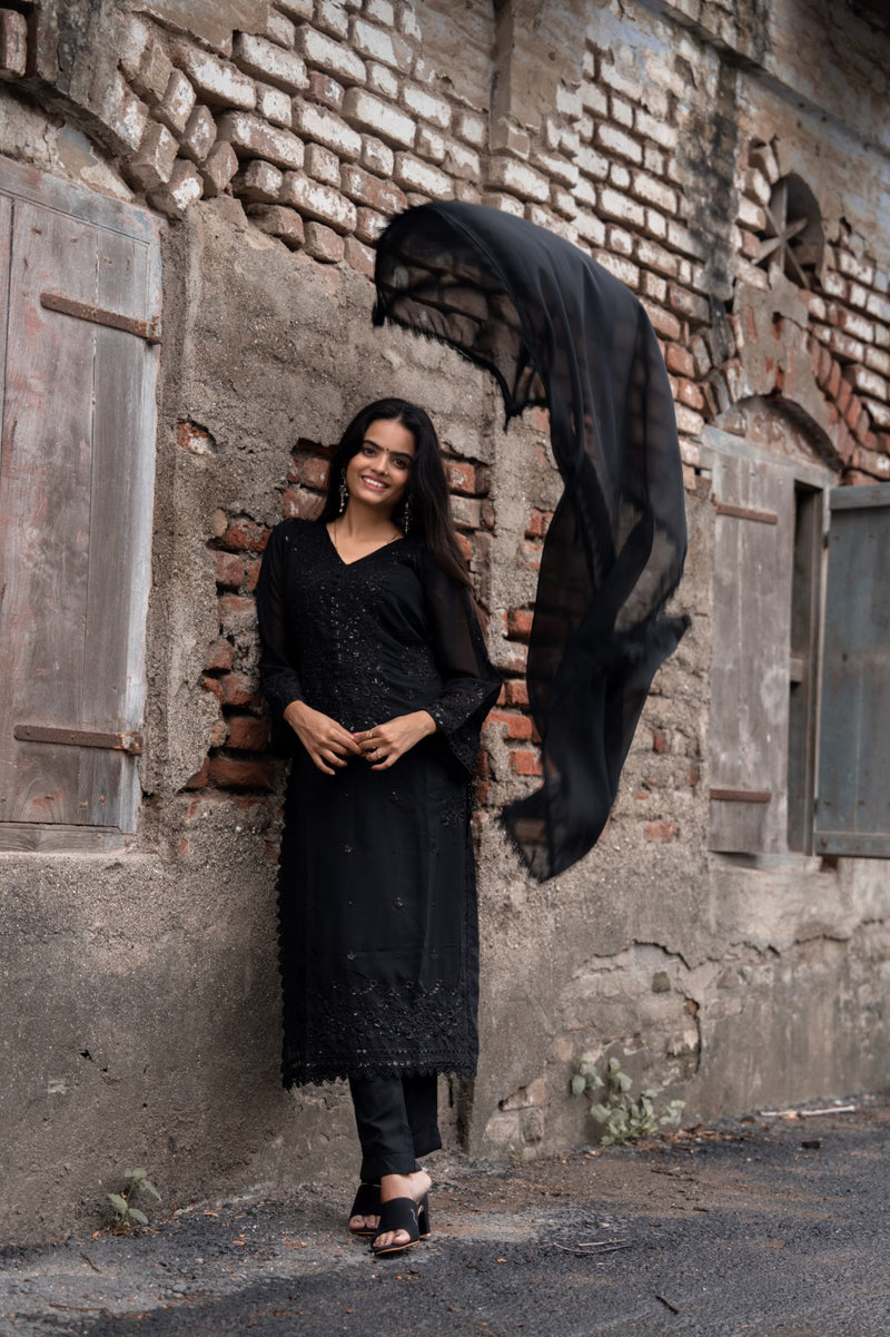 Black Embroidered Kurta Set