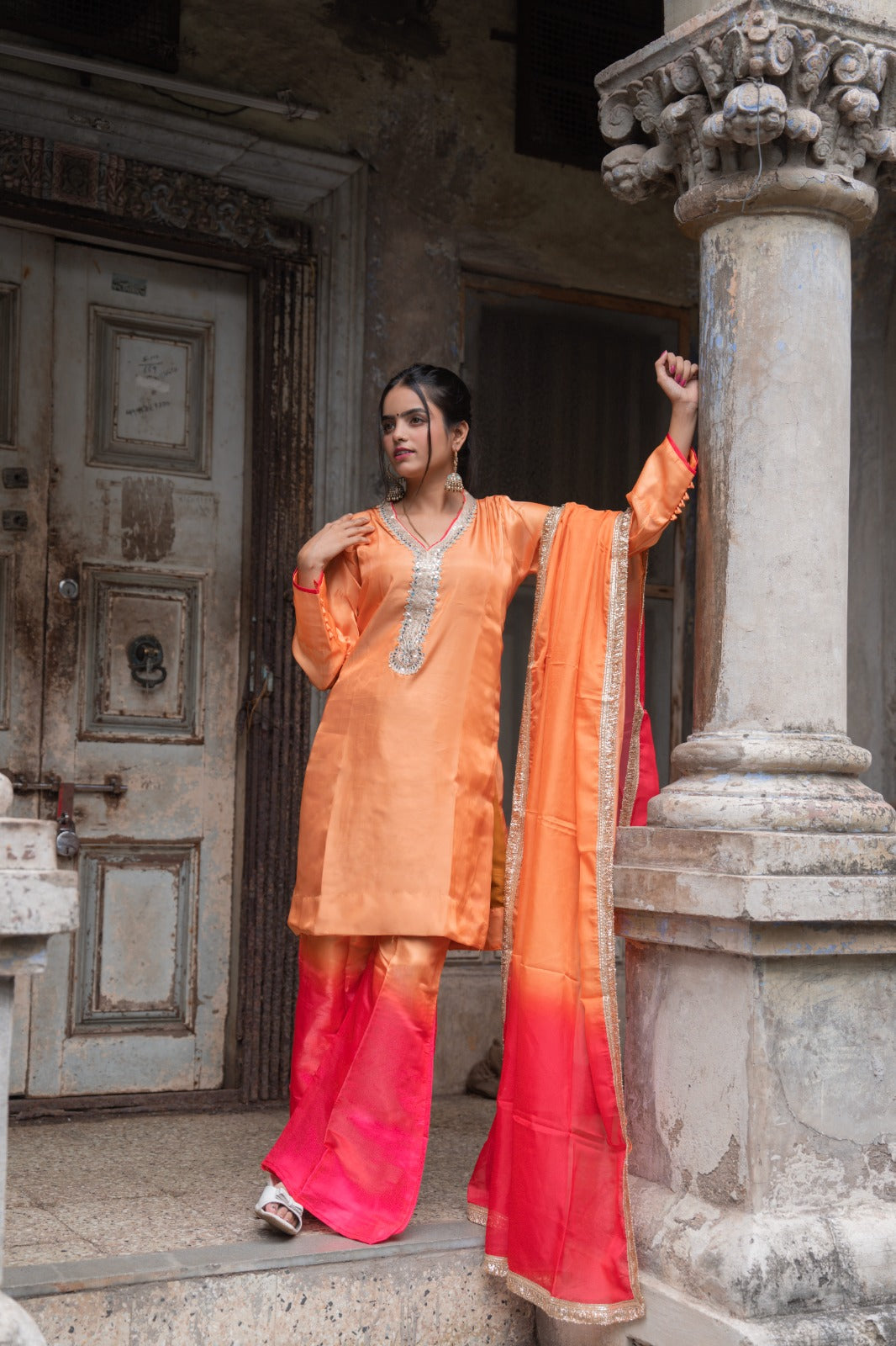 Peach & Pink Embroidered Kurta Set