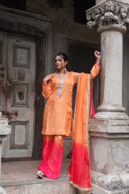 Peach & Pink Embroidered Kurta Set